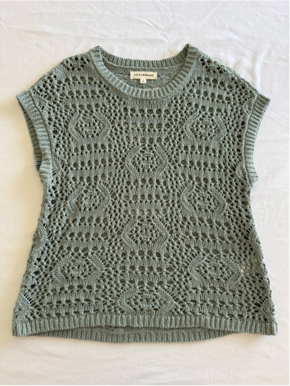 Women's Lucky Brand Green Crochet Knit Crew Neck Sweater Size L - Picture 4 of 10